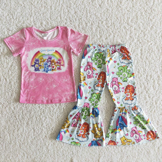 B4-22 Pink Bear Rainbow Cartoon Girls Short Sleeve Bell Bottom Pants Outfits