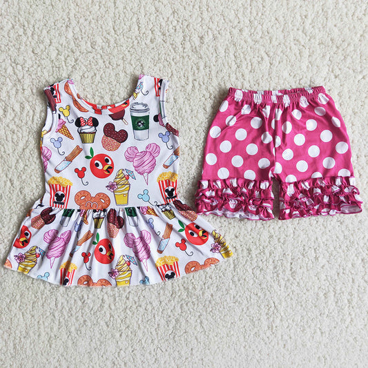 C7-11 Hot Pink Dots M Cartoon Girls Sleeveless Shorts Outfits