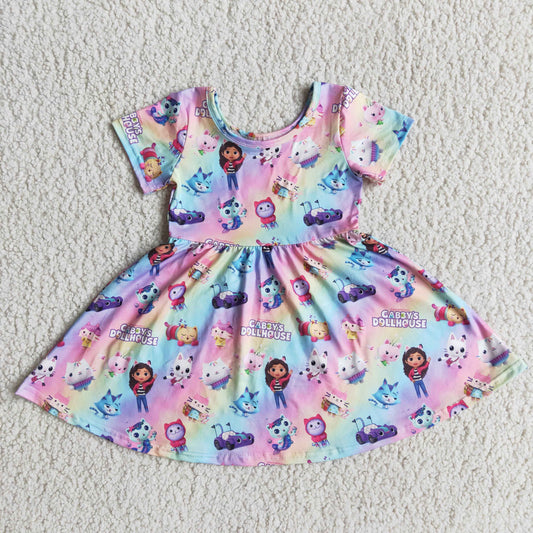 E3-6 Pink Purple Cartoon Cat Girls Short Sleeve Dresses