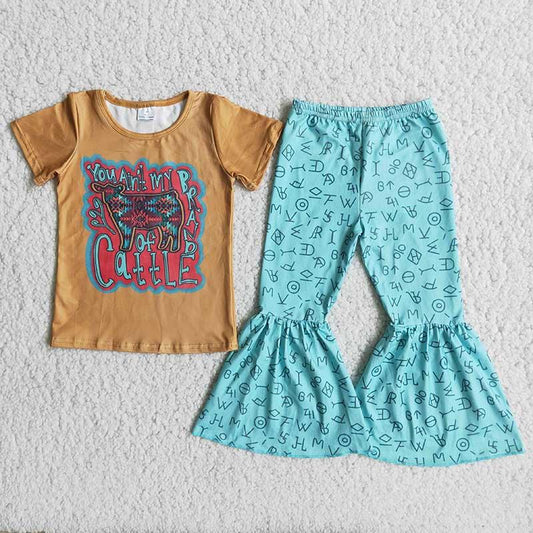 Clearance C9-22 Brown Fashion Cattle Blue Cowboy Western Girls Short Sleeve Bell Bottom Pants Outfits