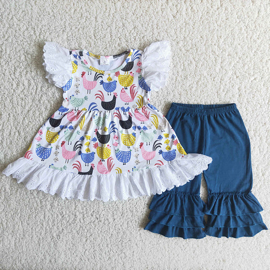 Chick Print Flutter Sleeve Navy Pants Girls Set