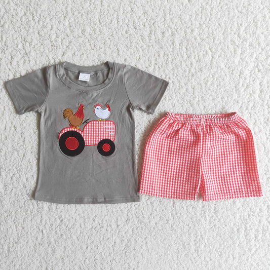 C6-4 Grey Red Plaid Embroidery Farm Chicken Boys Short Sleeve Shorts Outfits