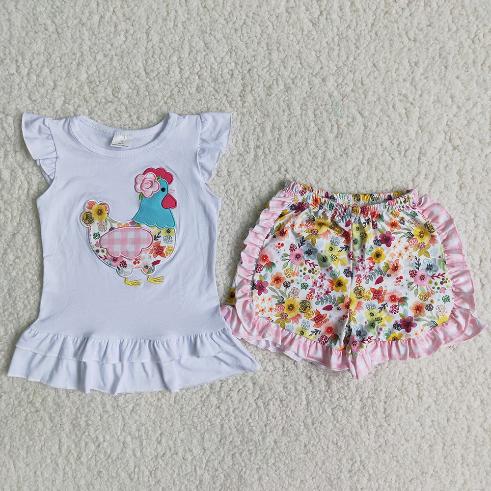 A16-10 Chick Chicken Floral Embroidery Girls Short Sleeve Shorts Outfits