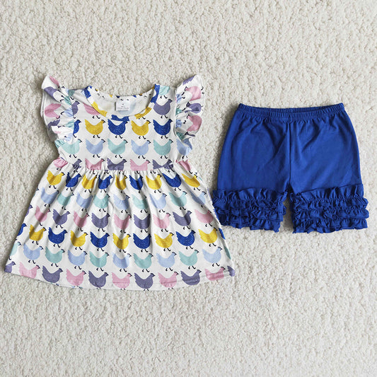 Chicken Blue Shorts Summer Farm Baby Girls Outfits