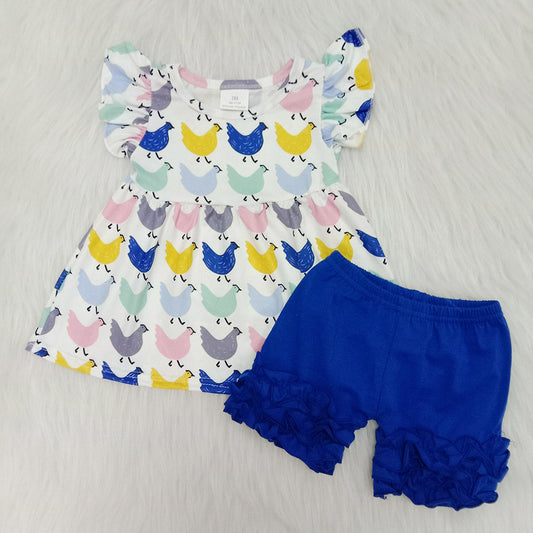 Chicken Blue Shorts Summer Farm Baby Girls Outfits