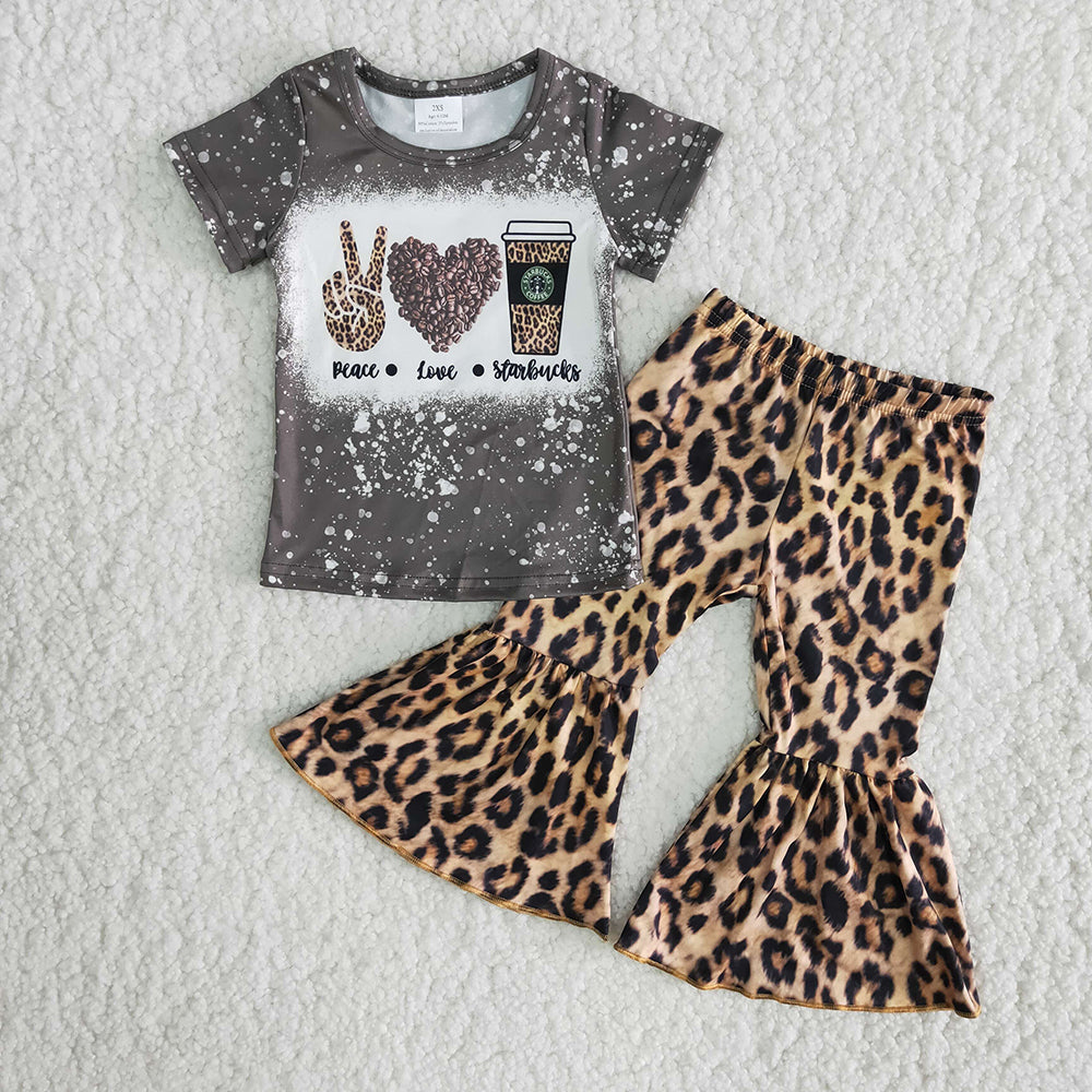 Clearance Aa-9  Peace Love Coffee Bleach Leopard Print Girls Short Sleeve Bell Bottom Pants Outfits