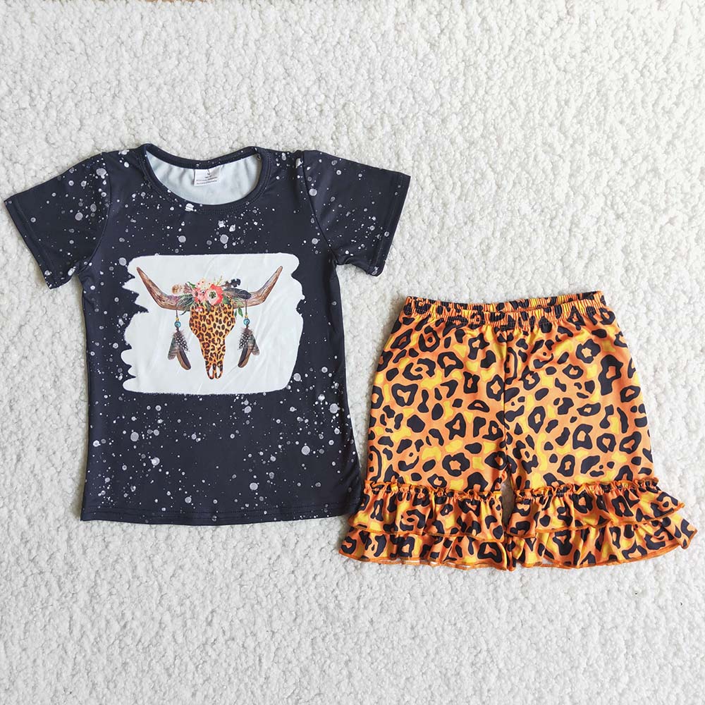 C14-37 Black Heifer Highland Cows Leopard Girls Short Sleeve Shorts Outfits