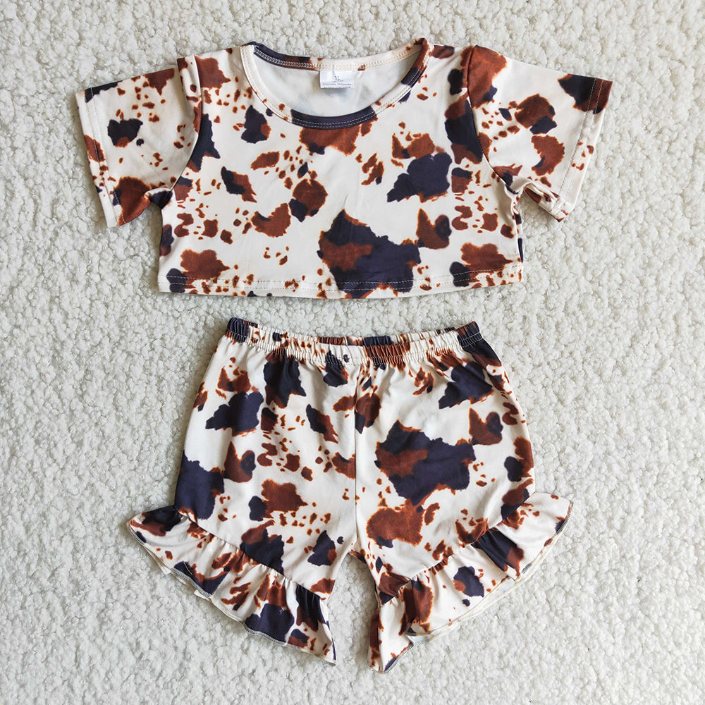 B6-15 Brown Cow Print Girls Short Sleeve Shorts Outfits