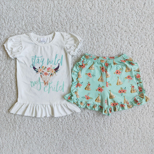 Clearance A12-24 Stay Wild My Child Green Heifer Girls Short Sleeve Shorts Outfits