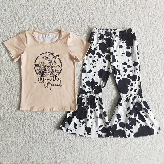 Clearance C4-13 Cow Print Pink Not In The Mooood Girls Short Sleeve Bell Bottom Pants Outfits