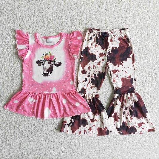 Clearance C8-13 Pink Heifer Cow Print Girls Short Sleeve Bell Bottom Pants Outfits