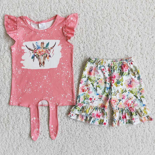 B16-1 Pink Highland Cows Floral Girls Flutter Sleeve Shorts Outfits