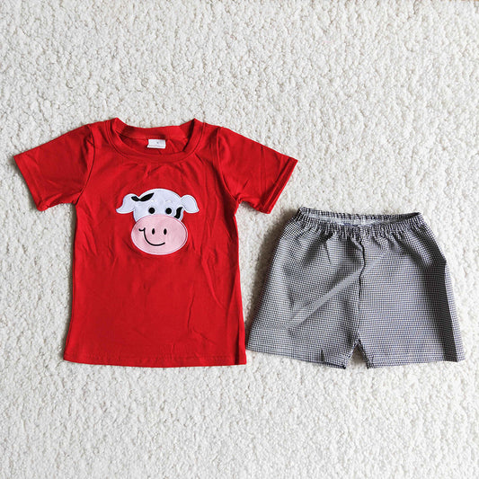 D13-1 Embroidery Red Cow Boys Short Sleeve Shorts Outfits