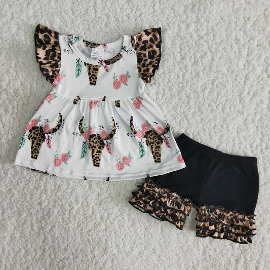 A18-1 Cow leopard Floral Summer Baby Girls Short Sleeve Shorts Outfits