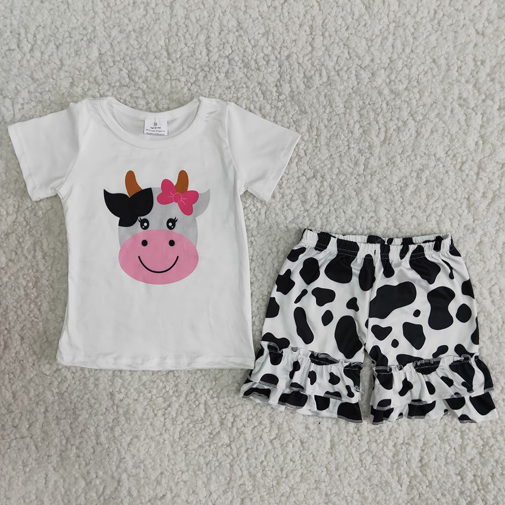 B5-23 Pink Cow Print Girls Short Sleeve Shorts Outfits