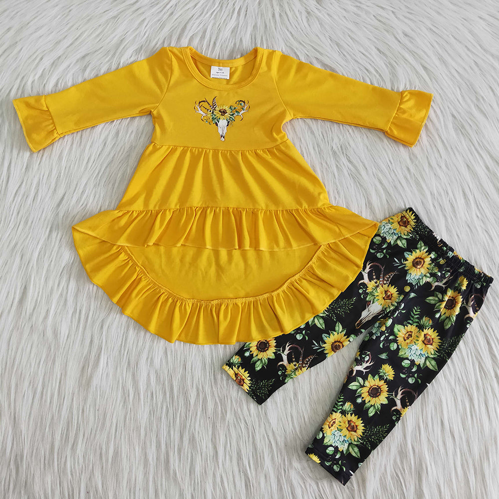 Clearance 6 A26-27 Cow Skull Yellow Long Sleeve Sunflower Hi-low Baby Girls Set