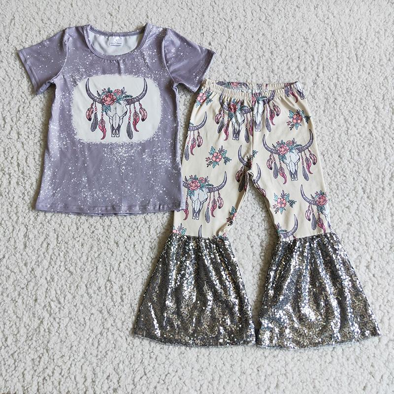 Clearance D1-14 Heifer Highland Cows Grey Sequin Girls Short Sleeve Pants Outfits