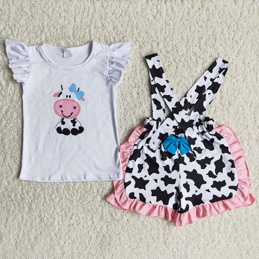 Cow Print 2Pcs Baby Girls Summer Overalls