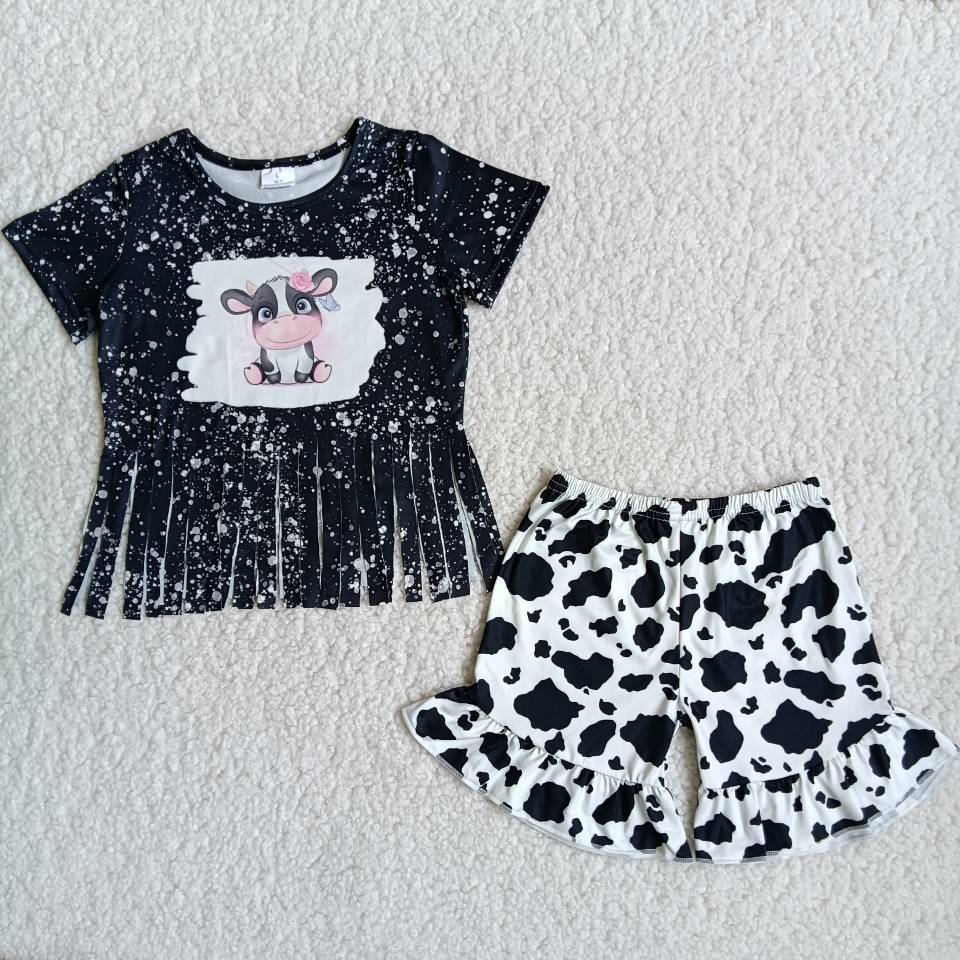 Clearance A5-23 Heifer Black Bleach Tassels Cow Print Girls Short Sleeve Shorts Outfits