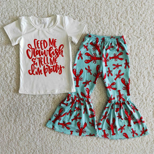 Clearance D1-11 Feed Me Crawfish Tell Me Lobster Green Red Girls Short Sleeve Pants Outfits