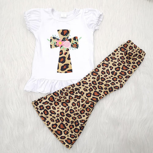 A8-15 Easter Leopard Print Cross Girls Short Sleeve Bell Bottom Pants Outfits