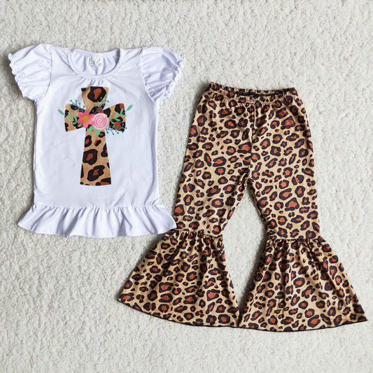 A8-15 Easter Leopard Print Cross Girls Short Sleeve Bell Bottom Pants Outfits