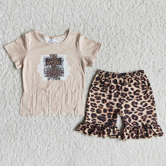 A16-11 Jesus Cross Tassels Leopard Girls Short Sleeve Shorts Outfits