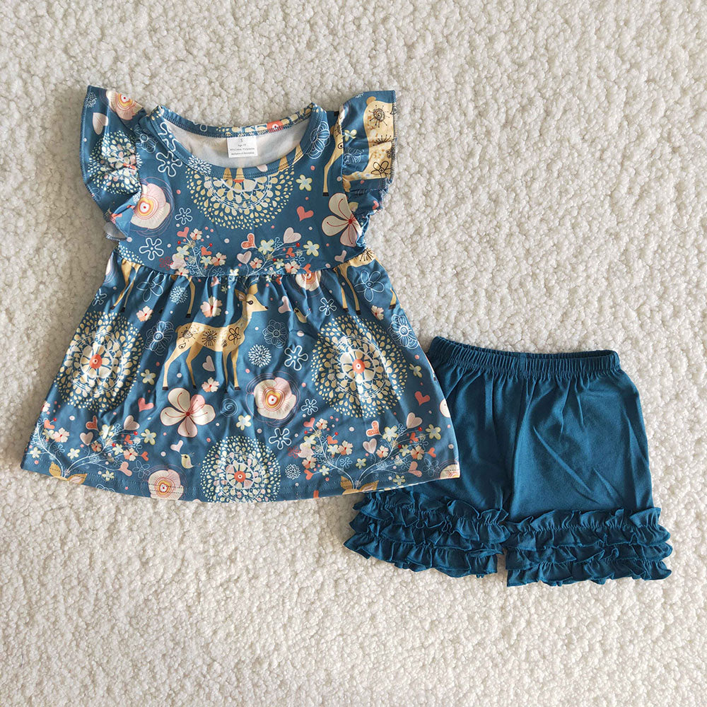 A5-14 Summer Deer Floral Print  Blue Girls Short Sleeve Shorts Outfits