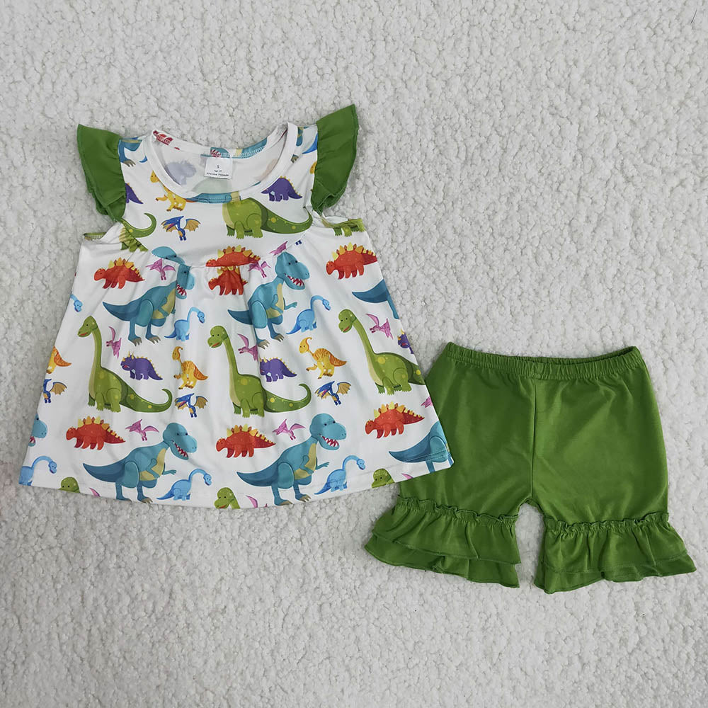 B9-2 Dinosaur Cartoon  Green Girls Short Sleeve Shorts Outfits