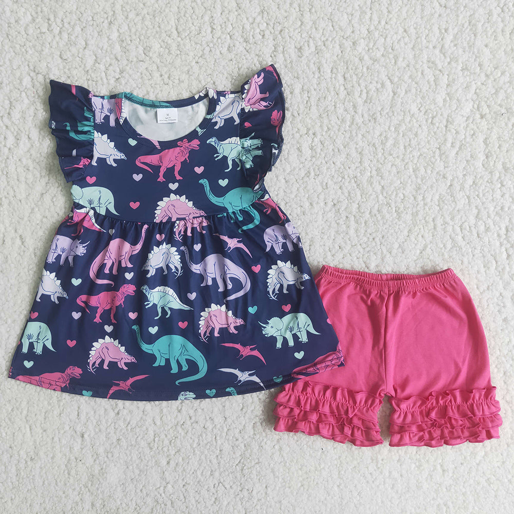 A13-16 Adorable Dinosaur Print Hot Pink Girls Short Sleeve Shorts Outfits