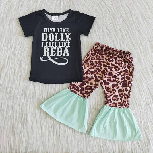 Clearance B17-22 Black Short Sleeve Leopard Print Girls Set