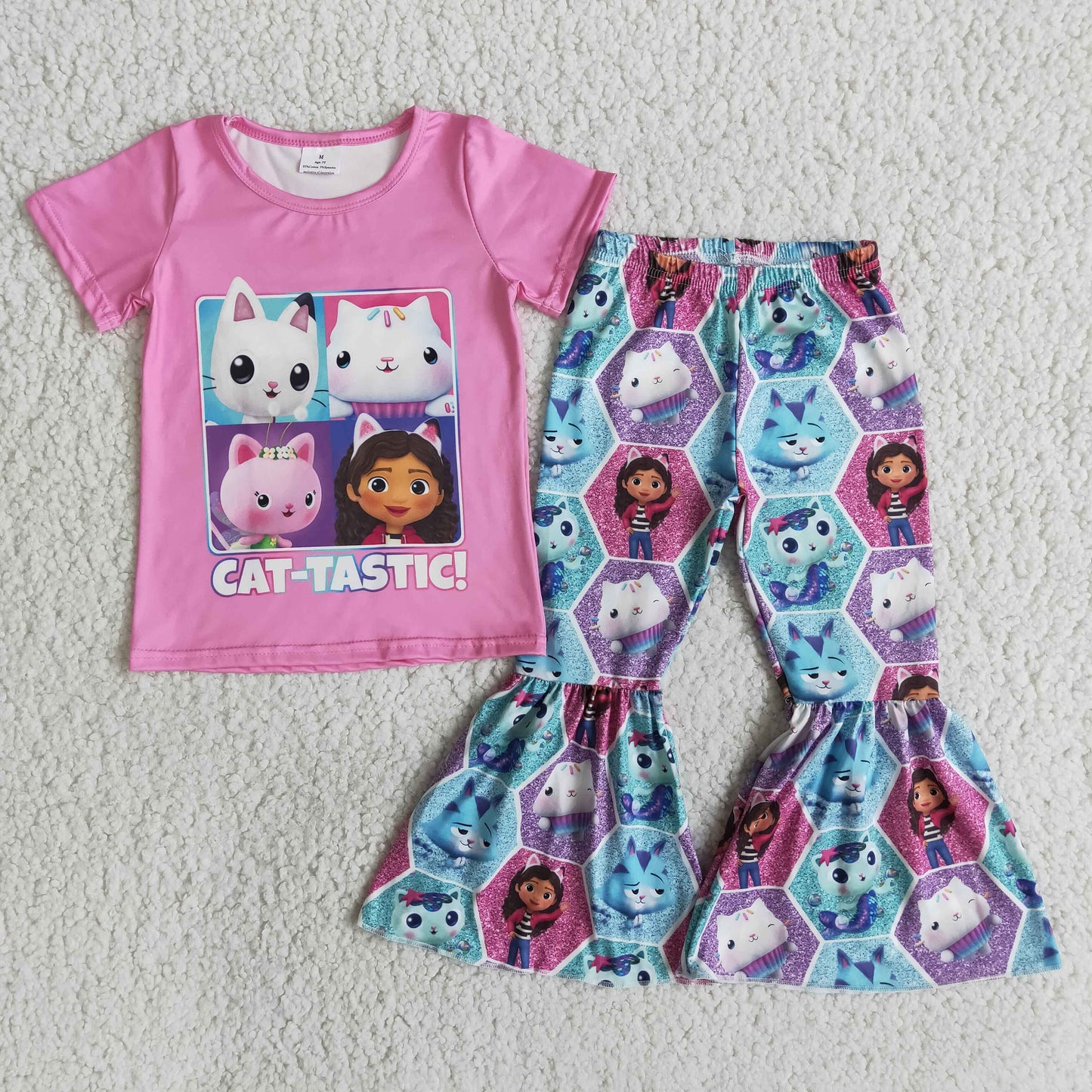 E14-11 Pink Blue Cat Cartoon Girls Short Sleeve Bell Bottom Pants Outfits