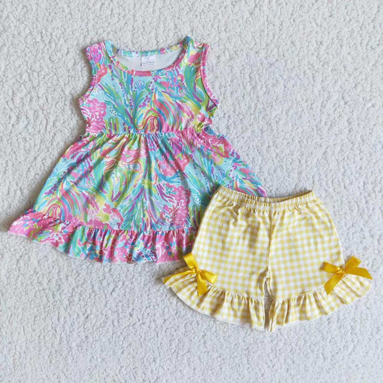 E8-19 Tie Dye Sleeveless Yellow Plaid Girls Short Sleeve Shorts Outfits