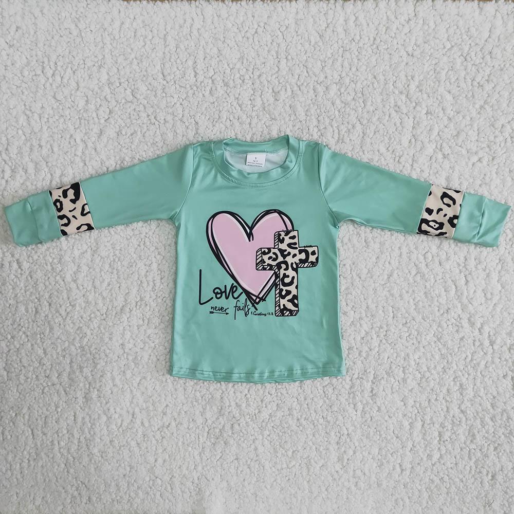 6 B10-18 Easter Cross Love Heart Leopard Print T-shirt