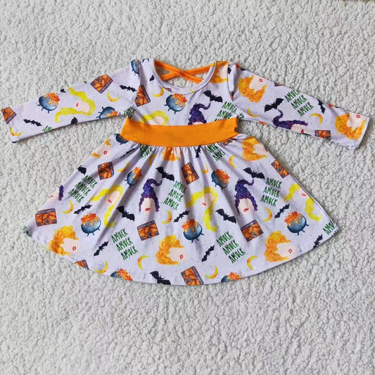 6 A13-4 Halloween Purple Orange Witch Cartoon Print Girls Long Sleeve Dresses