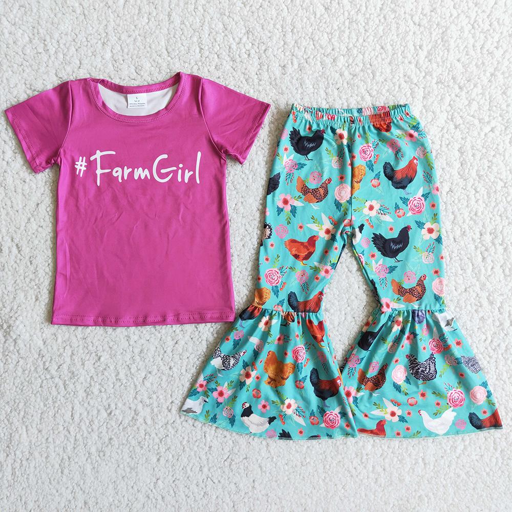 Clearance D8-12 Hot Pink Farm Chicken Floral Girls Short Sleeve Bell Bottom Pants Outfits