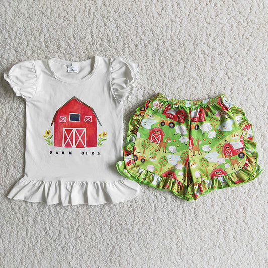 C15-22 Farm Red Green Girls Short Sleeve Shorts Outfits