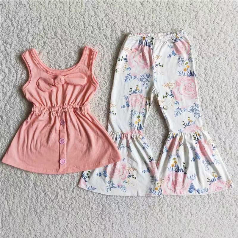 Clearance D8-15 Pink Floral Print Rosey Girls Short Sleeve Bell Bottom Pants Outfits