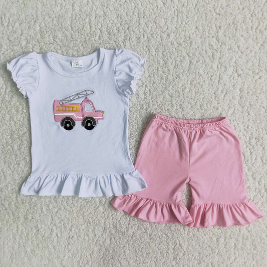 B3-4 Embroidery Pink Fire Fighting Truck Girls Short Sleeve Shorts Outfits