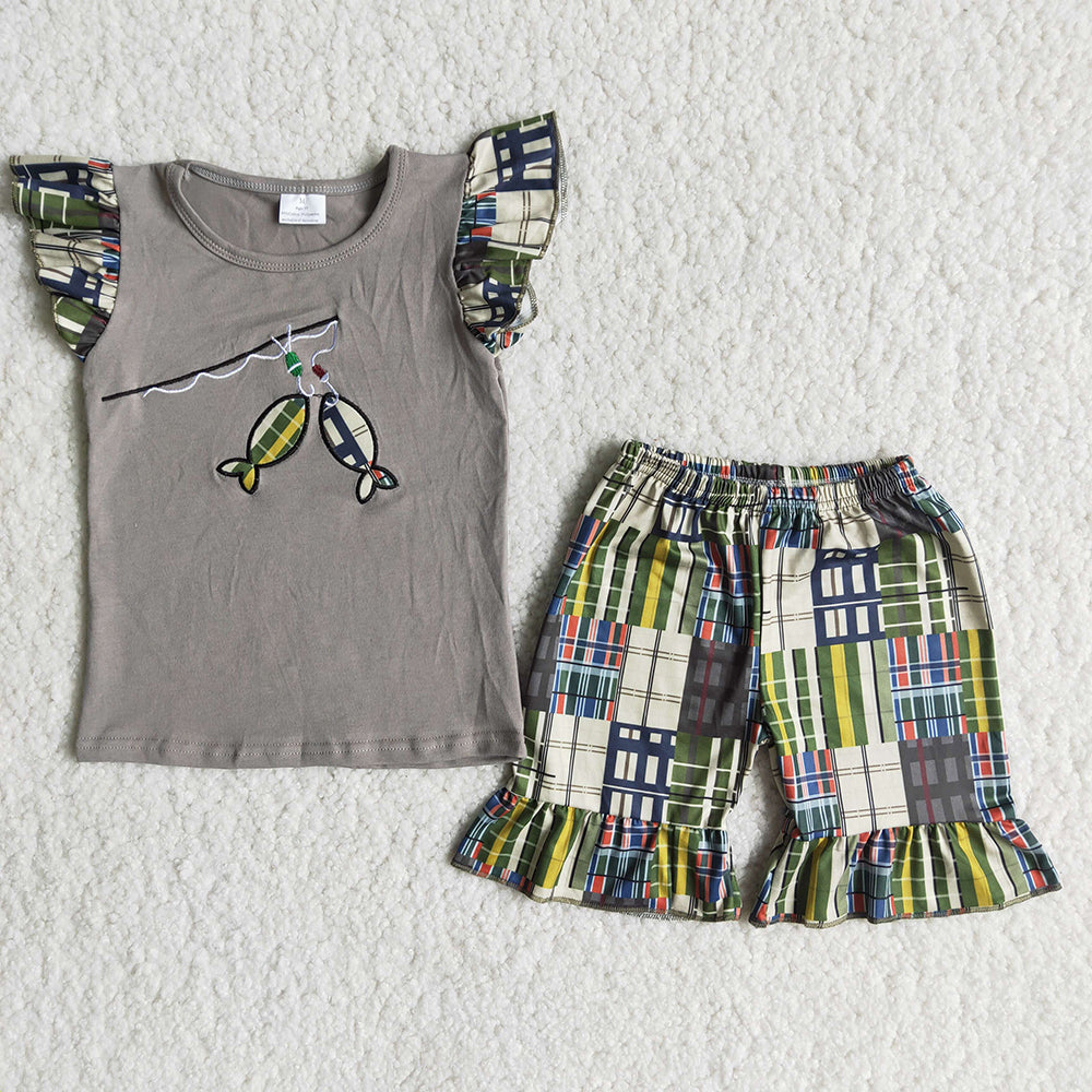 promotion RTS B3-15 Embroidery Fishing Flutter Sleeve Girls Set