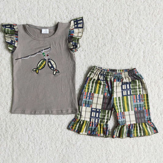 promotion RTS B3-15 Embroidery Fishing Flutter Sleeve Girls Set