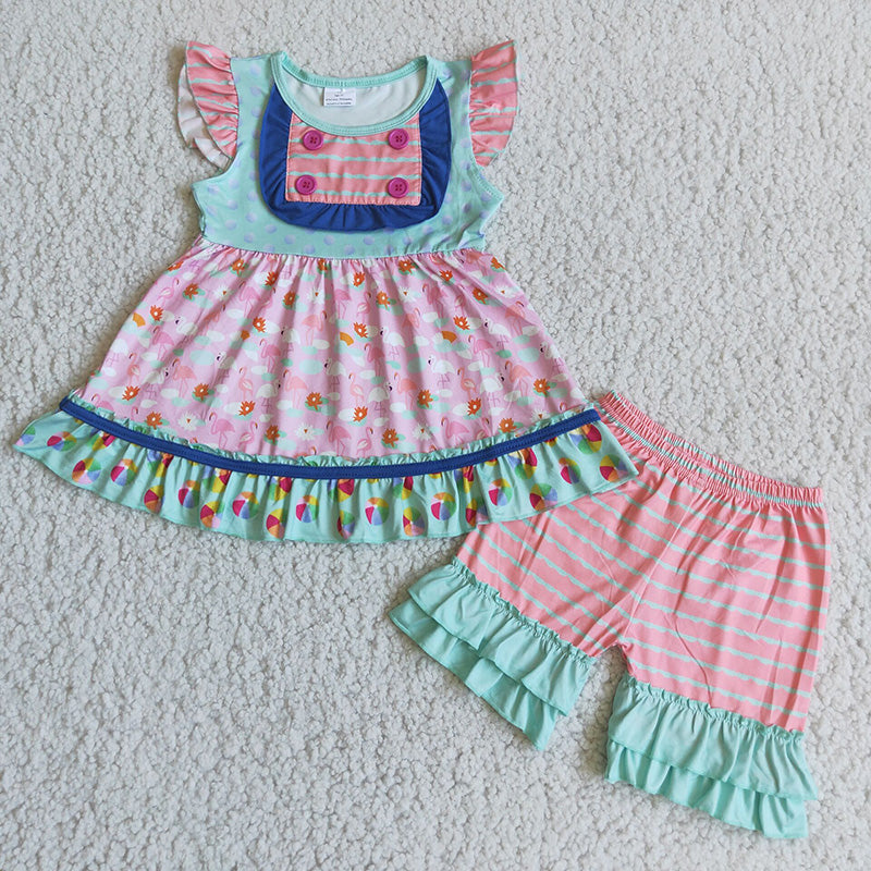 C7-22 Flamingo Pink Blue Girls Short Sleeve Shorts Outfits