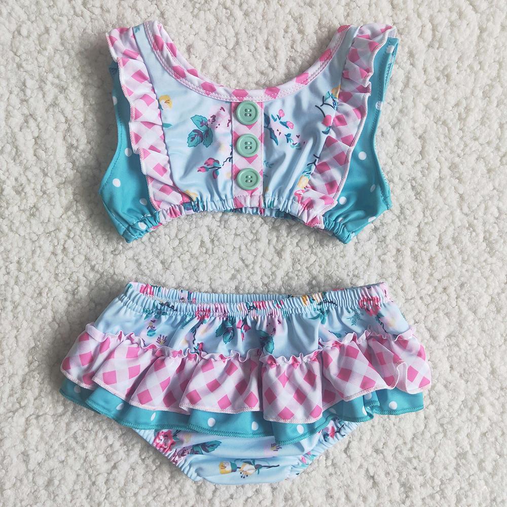 A6-4 Blue Floral Girls Swimming Bathing Suits Swimsuits