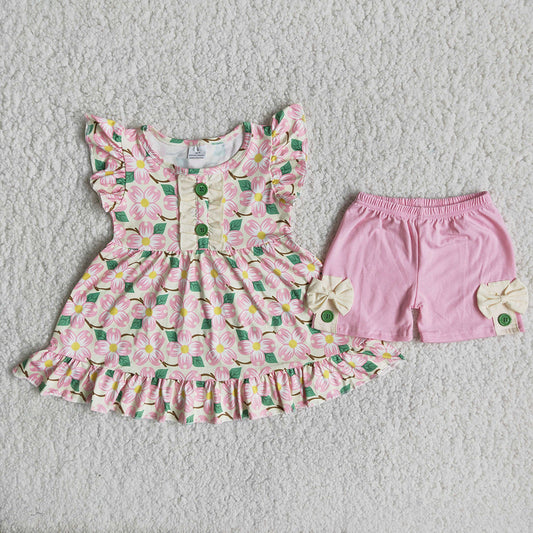 promotion RTS C16-19 Flower Flutter Sleeve Summer Match Pink Girls Outfits
