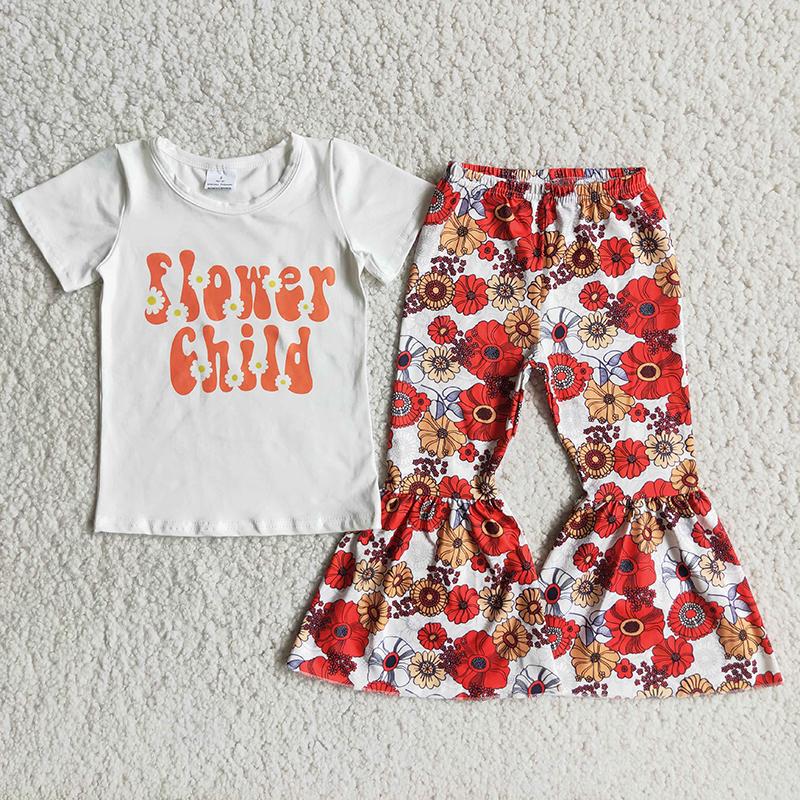 Clearance C9-14 Red Flower Child Floral Print Girls Short Sleeve Bell Bottom Pants Outfits