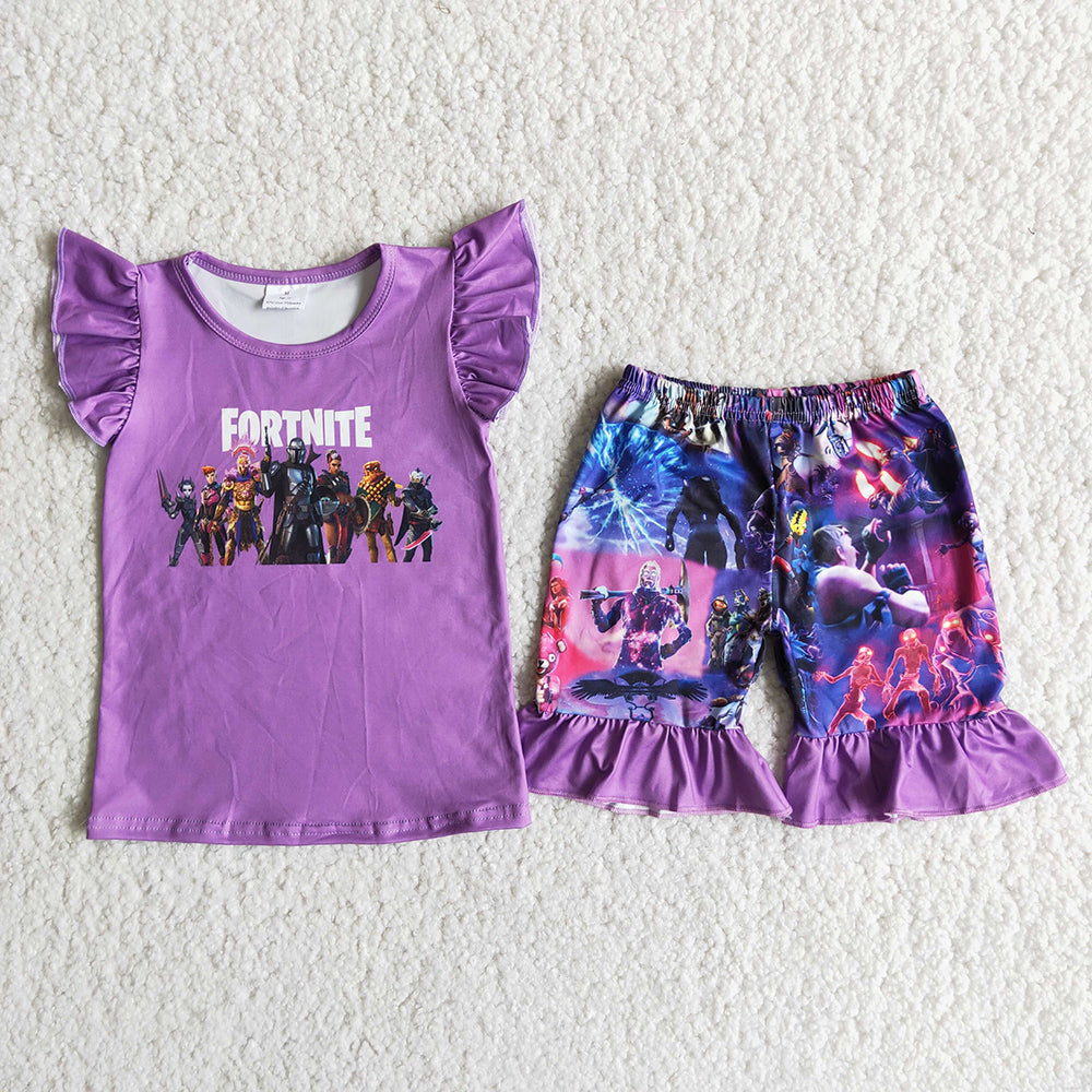 Promotion RTS D11-28 Summer Girls Flutter Purple Sleeve Cartoon Kids Outfits