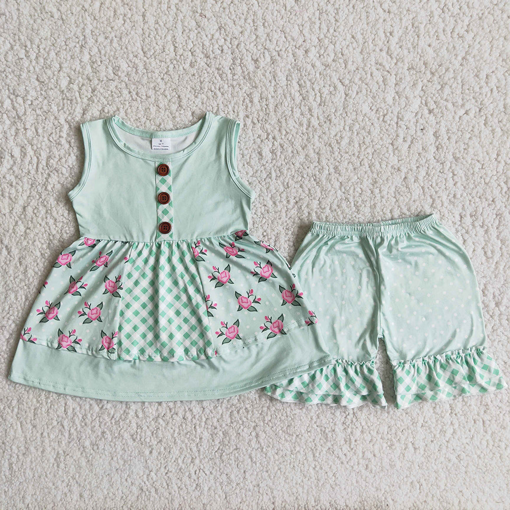 Green Sleeveless Girls Floral Print Kids Summer Outfits