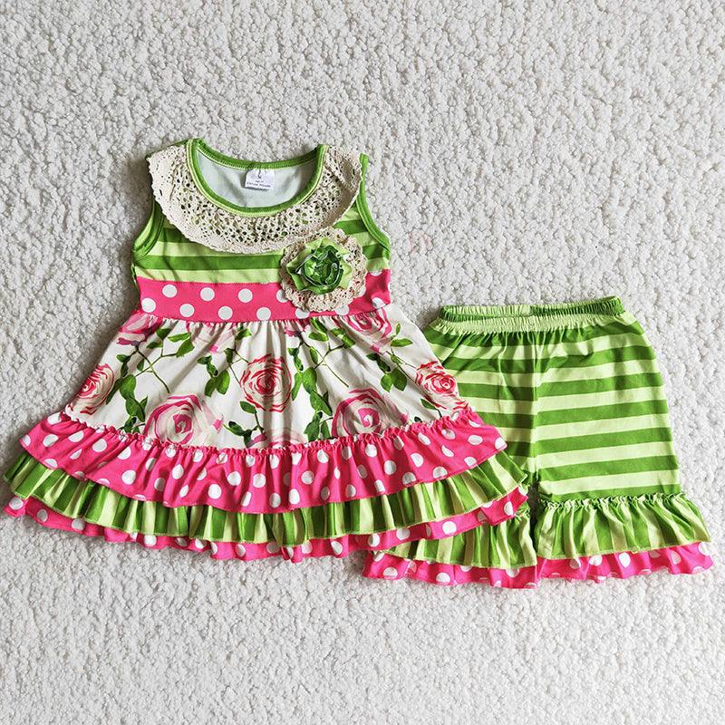 C9-23 Green Striped Pink Floral Girls Sleeveless Shorts Outfits