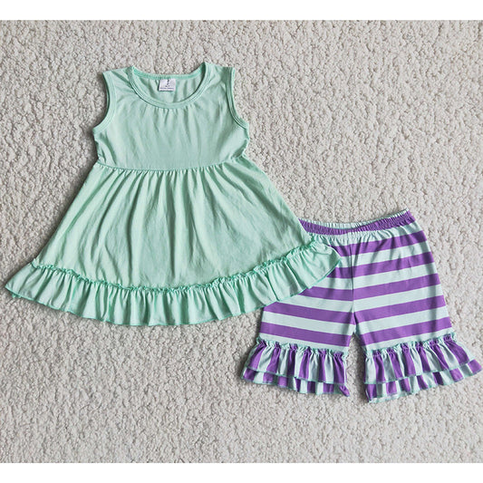 Green Dress Top Match Striped Print Shorts Summer Set