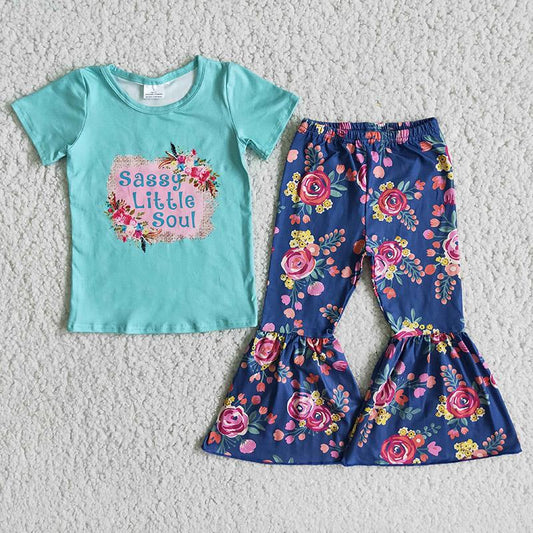 Clearance C11-4 Sassy Little Soul Blue Floral Girls Short Sleeve Pants Outfits